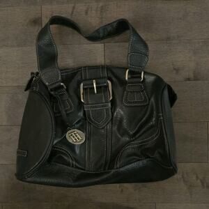 Vintage 90s Y2K TOMMY HILFIGER Leather Satchel Handbag Shoulder Bag BLACK
